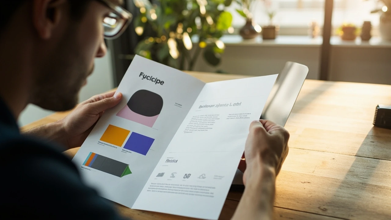 Designer reviewing a one page brand guide on a laptop
