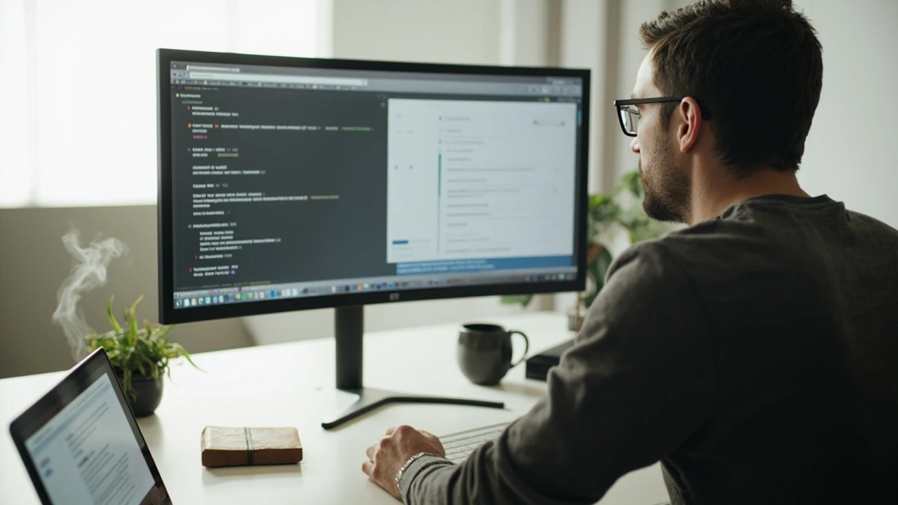 Designer reviewing a visual regression checklist after website updates on a dual monitor workstation