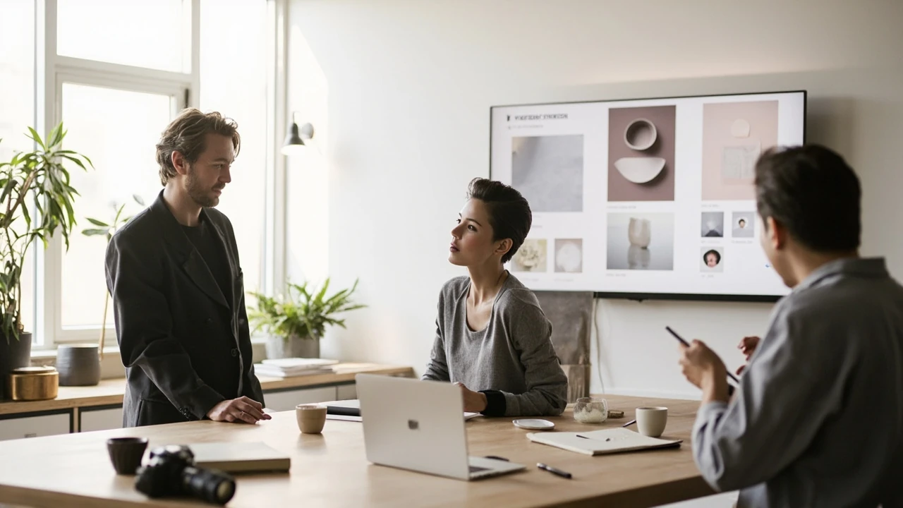 Designer choosing image aspect ratios for a brand on a laptop