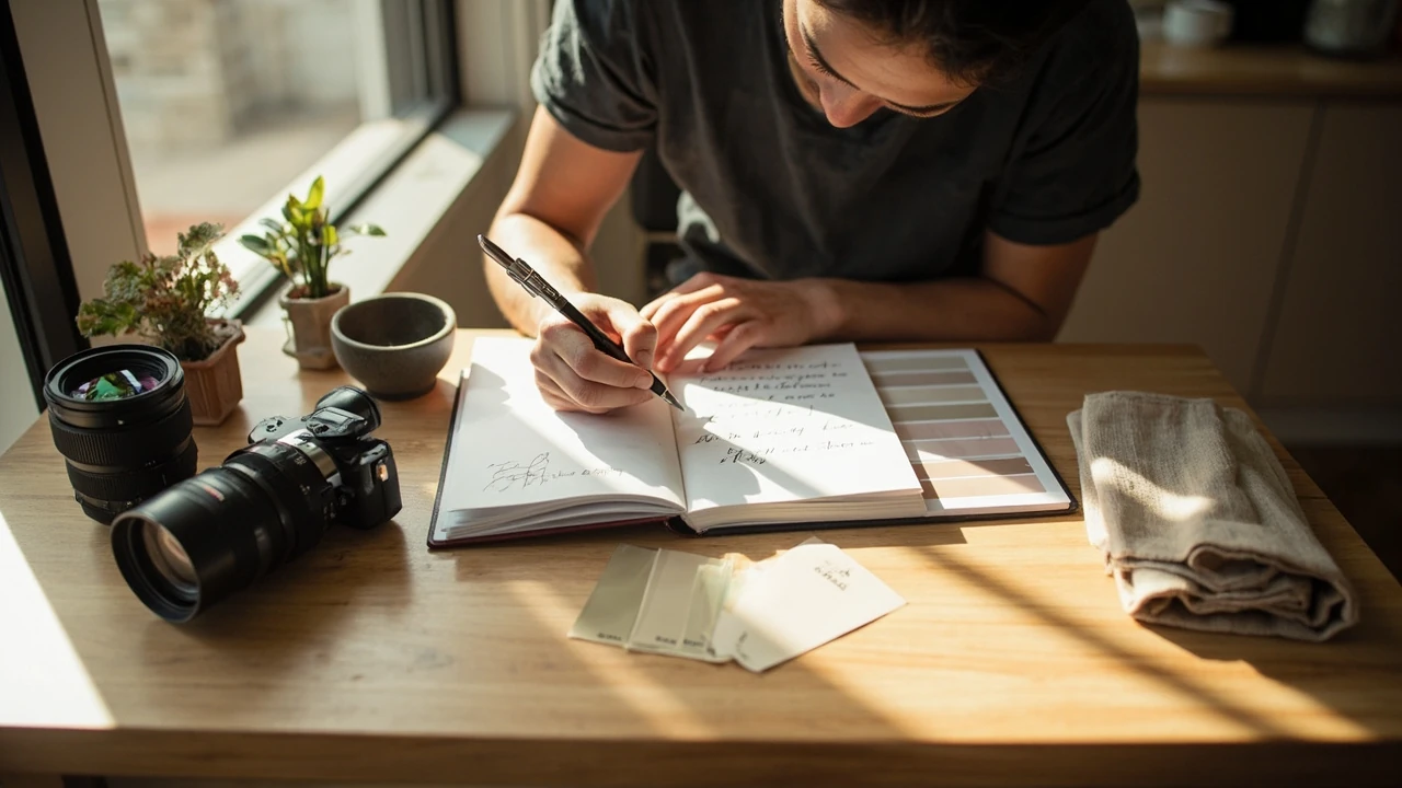 A small business owner planning a brand photography shot list on a desk with a notebook and reference images