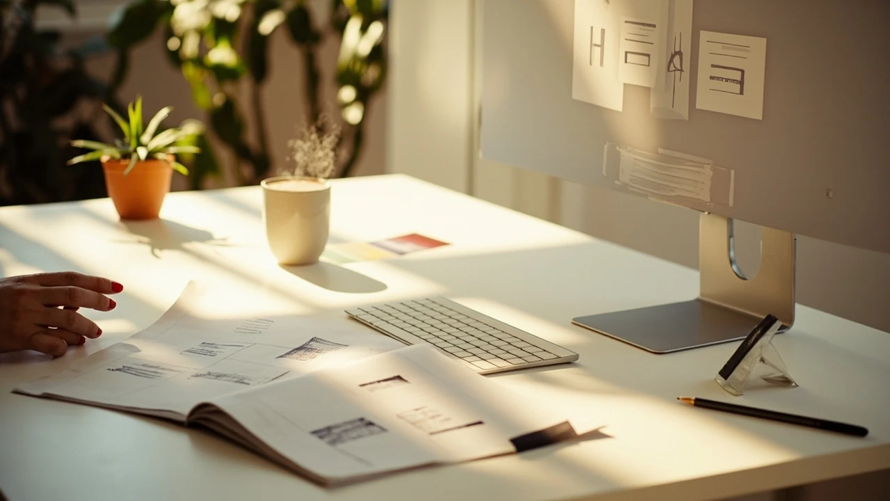 A designer preparing social media templates for clients on a laptop with a grid sketch nearby