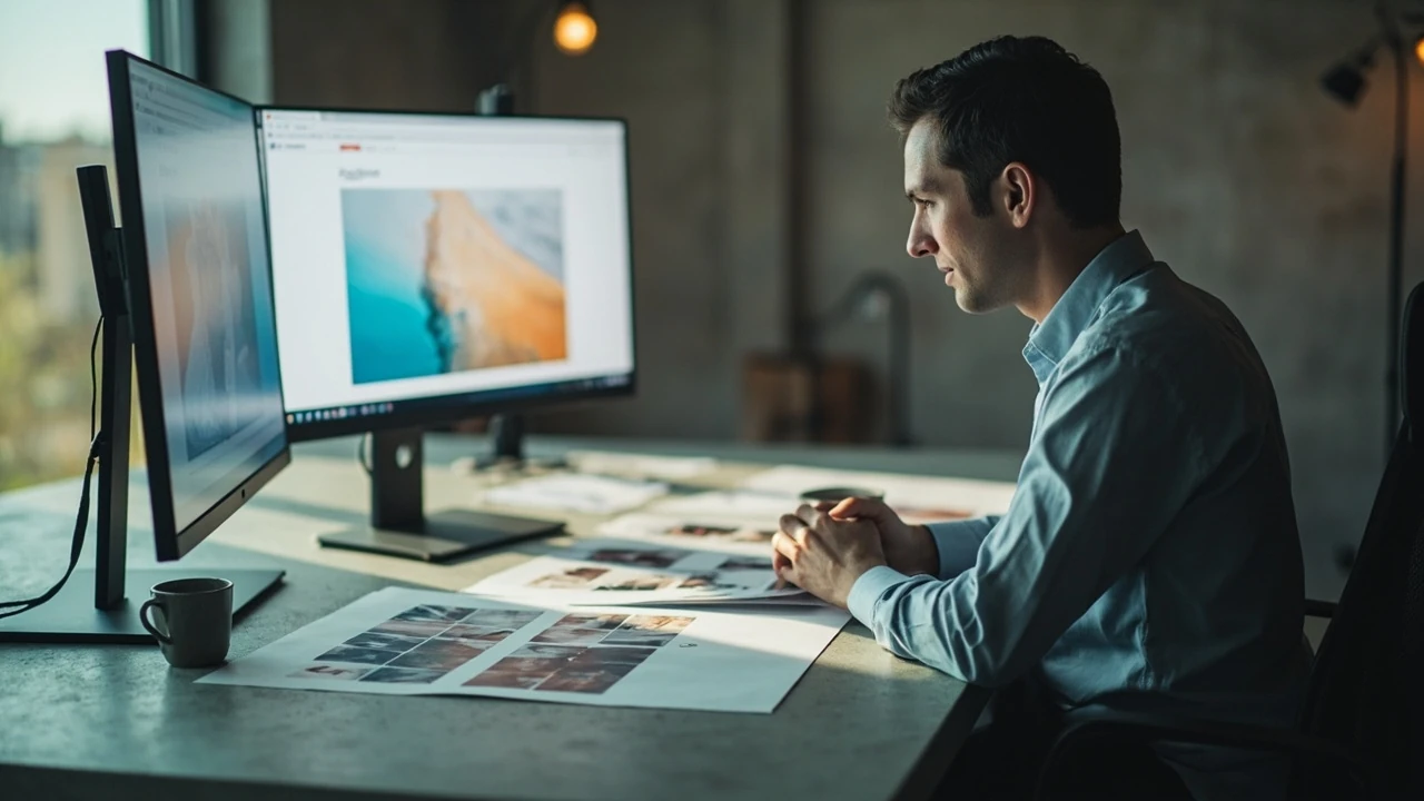 Editor reviewing a website hero image art direction checklist on a wide monitor