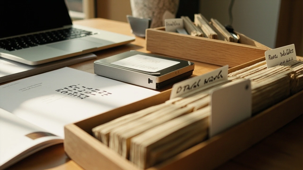 Designer organizing archived brand asset files into labeled folders on a desk