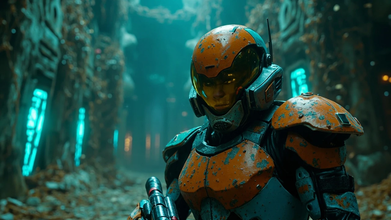 Samus in the Power Suit scanning a Chozo Lore entry during a Metroid Prime walkthrough