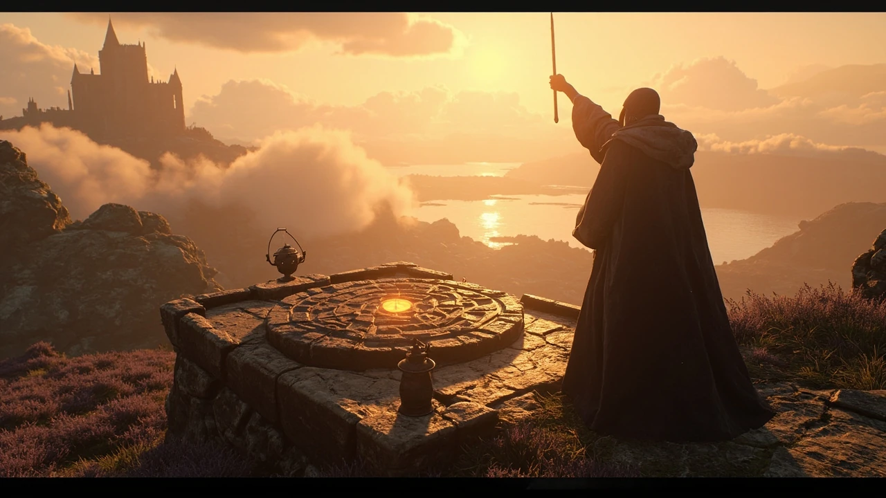 A player solving Hogwarts Legacy Merlin Trials puzzles in the Scottish Highlands