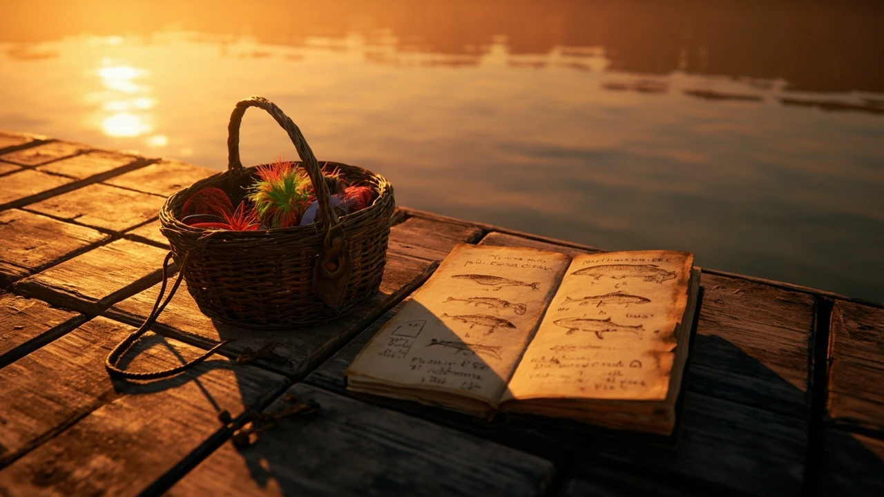 A wooden dock at dusk in RDR2 with fishing gear and a notebook open to legendary fish notes