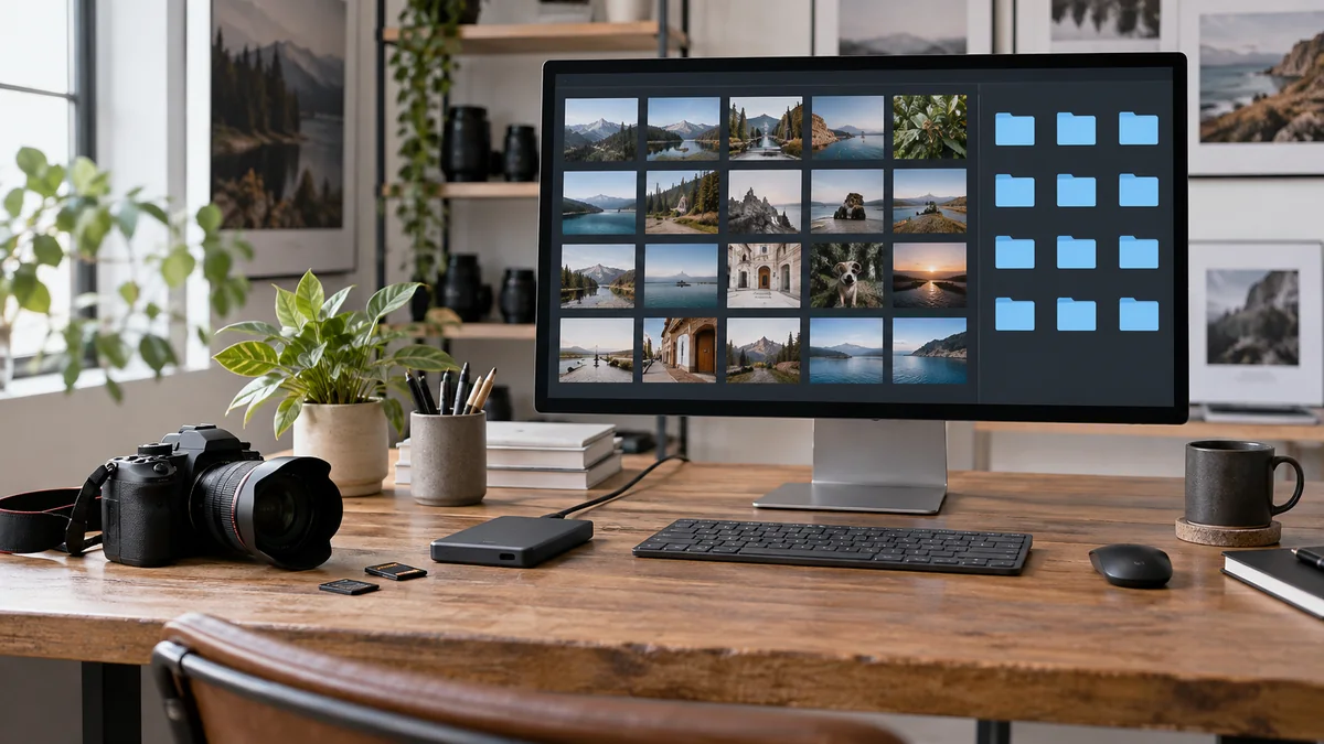 Designer organising photo files on a laptop using website image file naming conventions