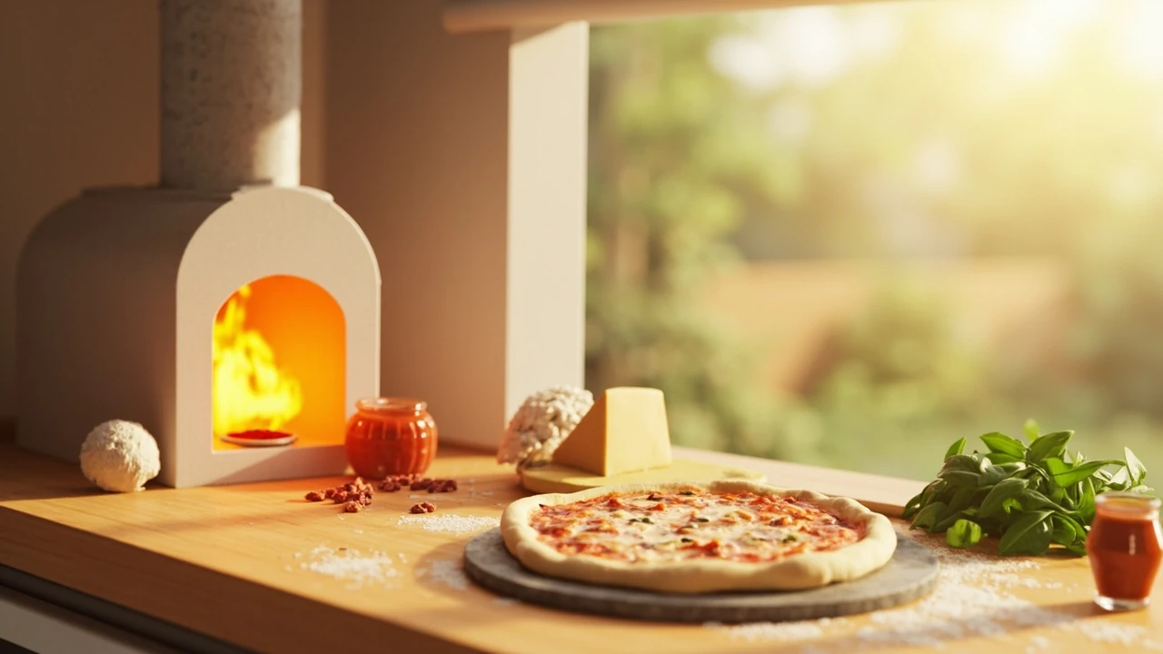 A pizza recipe assembled at the cooking station in Grow a Garden with dough, sauce, cheese, and herbs on a wooden table