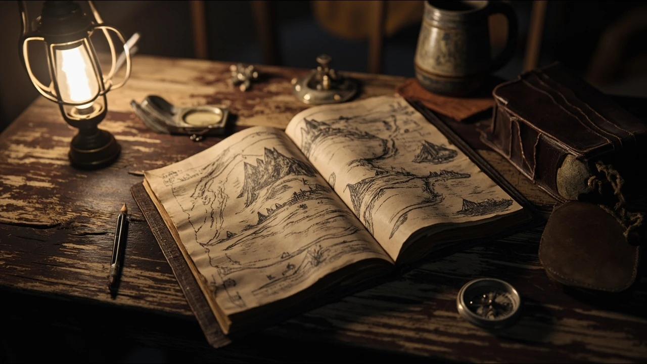treasure maps rdr2 drawings spread on a wooden camp table next to a brass compass and a tin mug