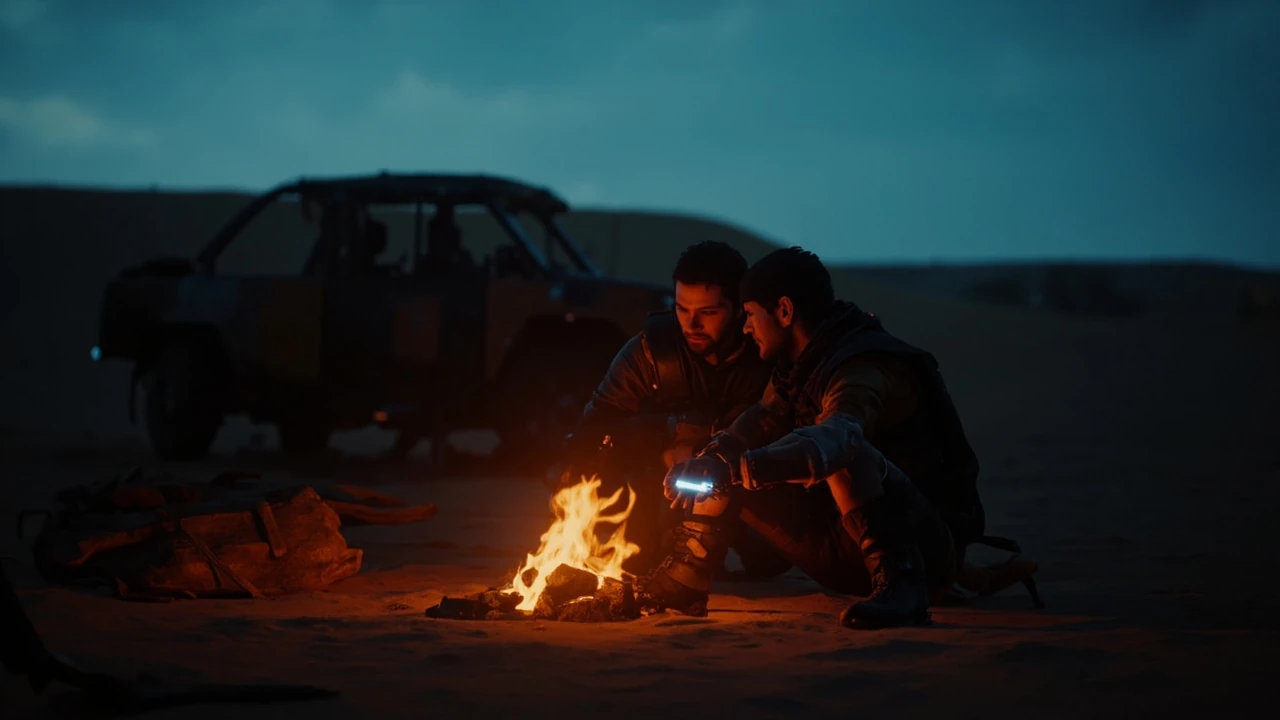 Panam romance in Cyberpunk 2077 showing a desert camp scene at dusk