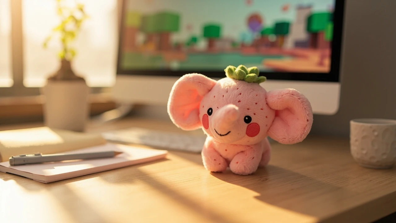A pink strawberry elephant plush figurine on a wood desk beside a monitor showing a Roblox-style blocky world