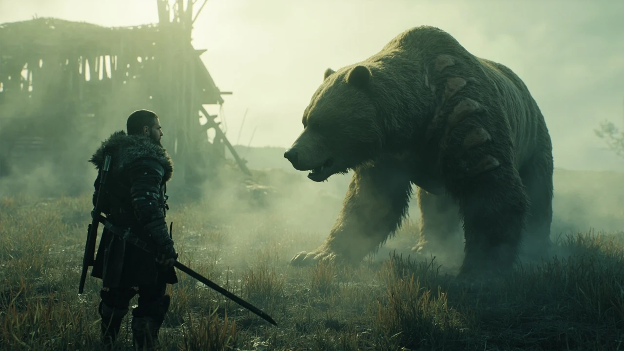 A player approaching a large bear in a misty fjord, illustrating ac valhalla legendary animals