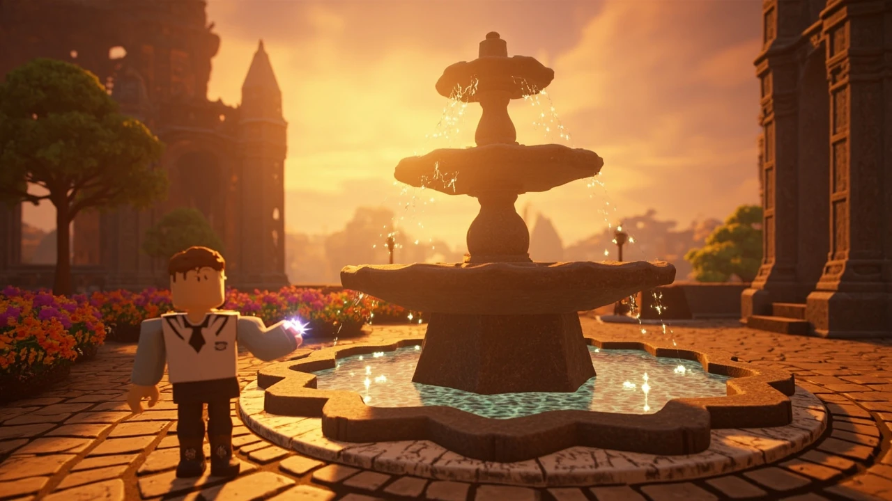 Roblox-style castle courtyard with the Wish Fountain and floating halos at golden hour