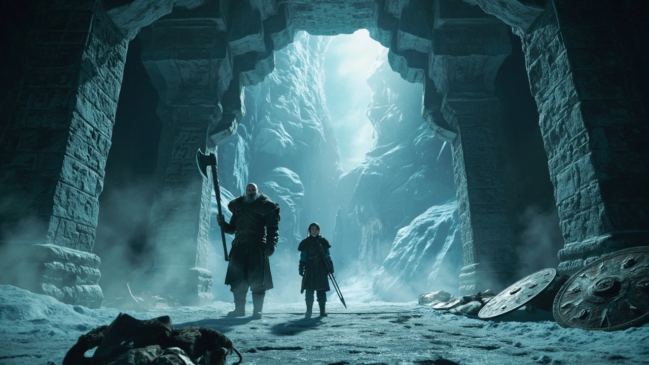 Kratos and Atreus standing at a rune-etched doorway in a God of War Ragnarok walkthrough scene