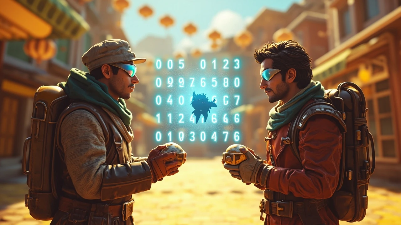 Two players exchanging a Pokemon in Pokemon Legends ZA using a numeric trade code at an outdoor link counter