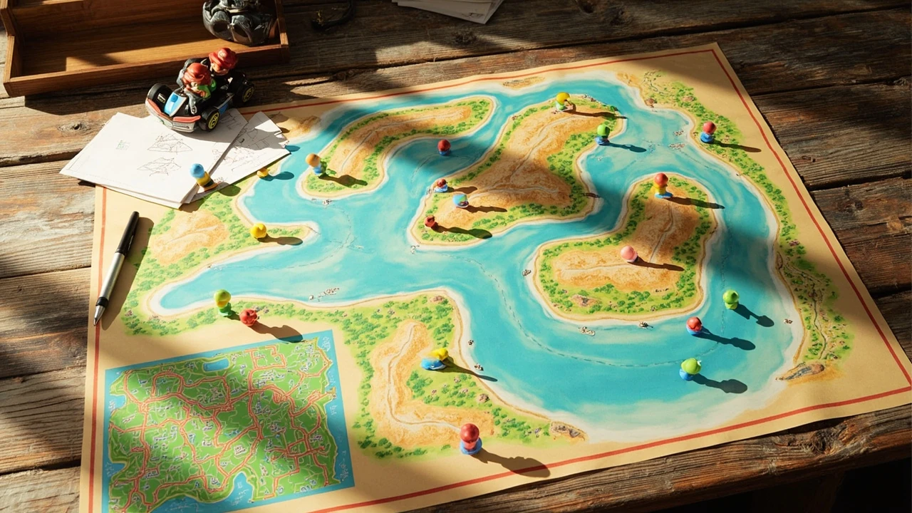 Editorial illustration of a connected Mario Kart World map layout