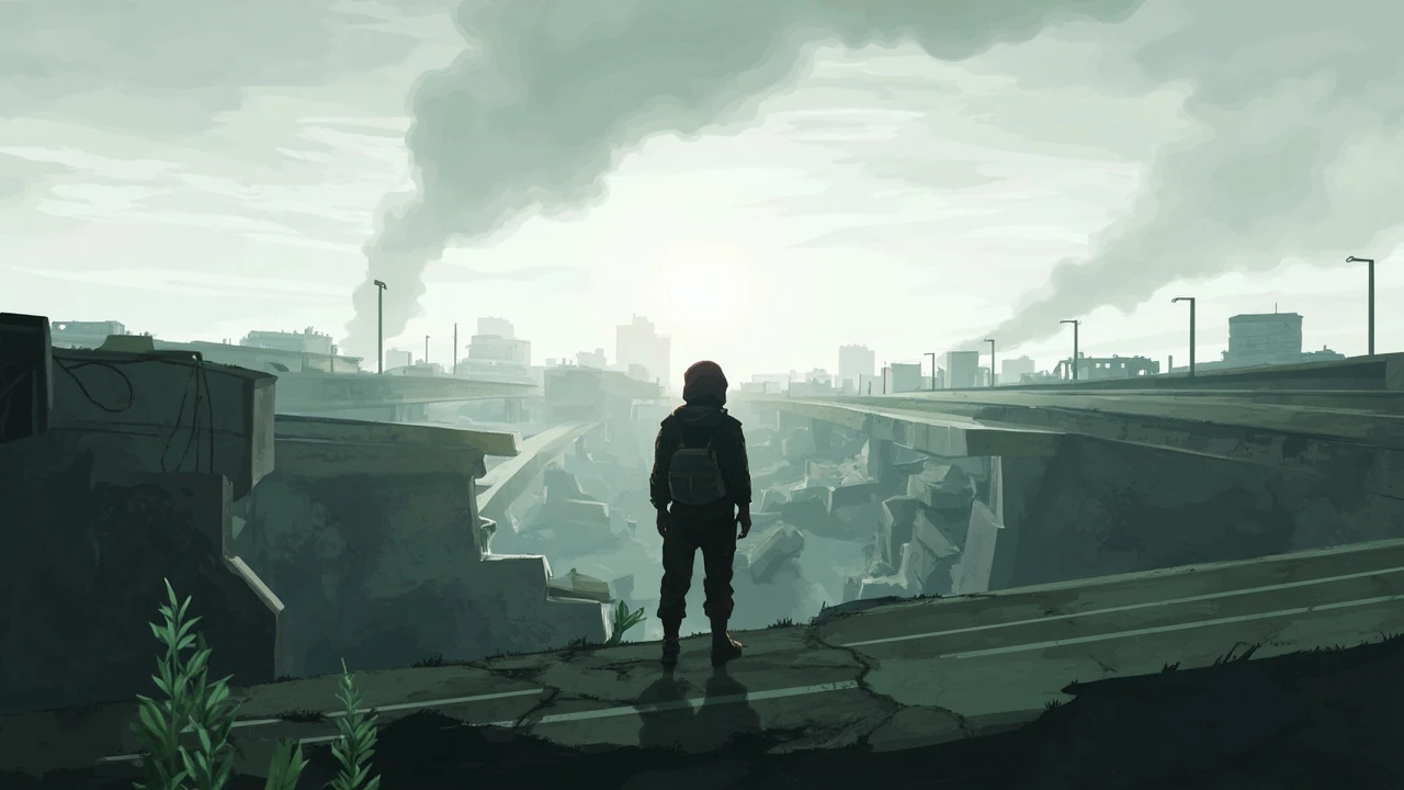 Concept art of an anime apocalypse ruined city with overcast skies